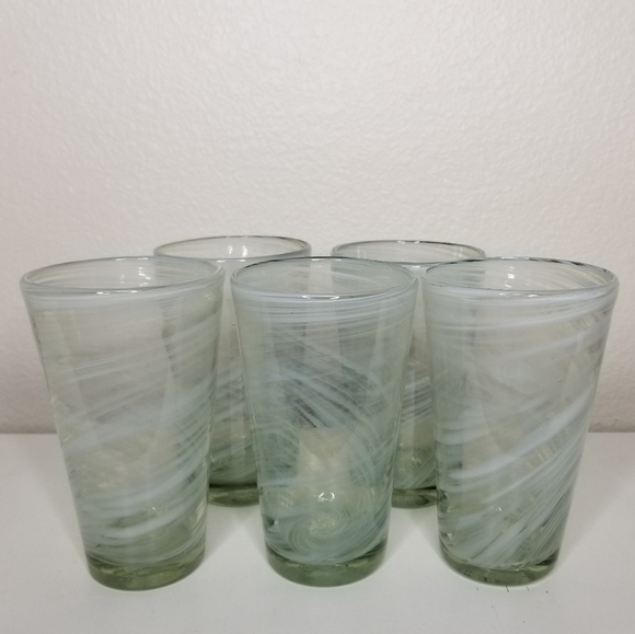 Hand Blown Art Glass White Swirl Tea Water Tumbler 16oz Set of 5 - Picture 3 of 9